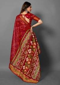 Pehnava Premium Tanza Cotton Printed Saree With Blouse - Red - 6.3 mtrs w/blouse