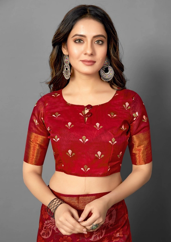 Pehnava Premium Tanza Cotton Printed Saree With Blouse - Red - 6.3 mtrs w/blouse