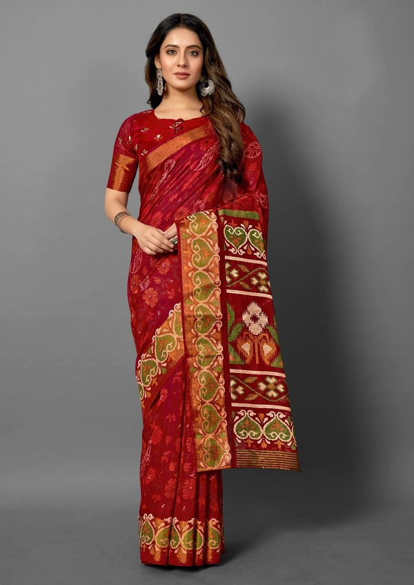 Pehnava Premium Tanza Cotton Printed Saree With Blouse - Red - 6.3 mtrs w/blouse