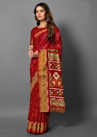 Pehnava Premium Tanza Cotton Printed Saree With Blouse - Red - 6.3 mtrs w/blouse