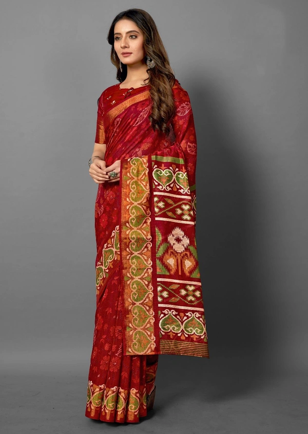 Pehnava Premium Tanza Cotton Printed Saree With Blouse - Red - 6.3 mtrs w/blouse