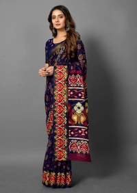 Pehnava Premium Tanza Cotton Printed Saree With Blouse - Red - 6.3 mtrs w/blouse