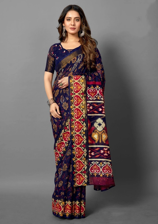 Pehnava Premium Tanza Cotton Printed Saree With Blouse - Red - 6.3 mtrs w/blouse