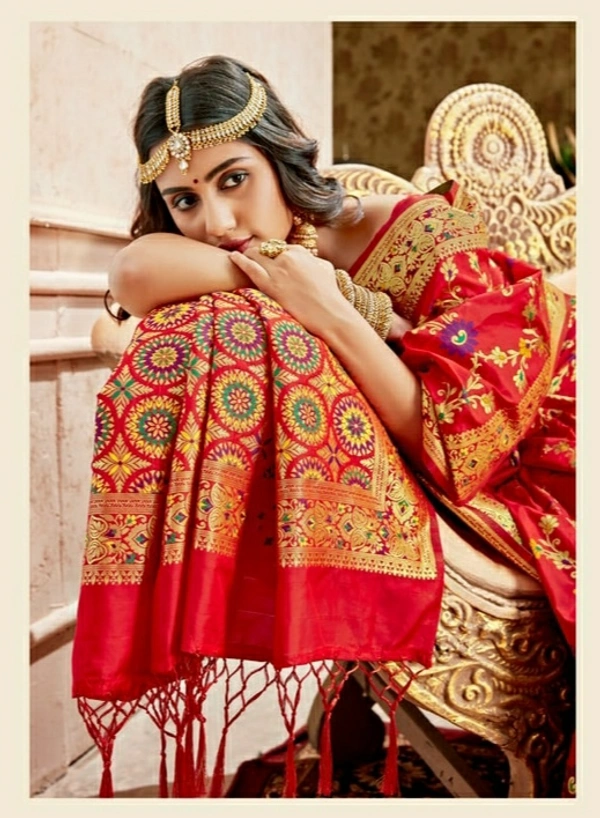 Pehnava Beautiful Silk Embroidered Banarsi Saree With Blouse - 6.3 mtrs w/blouse