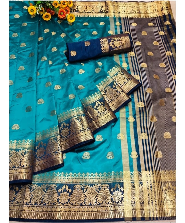 Pehnava Superfine Floral Print Banarsi Silk Saree With Blouse - Teal, 6.3 mtrs w/blouse