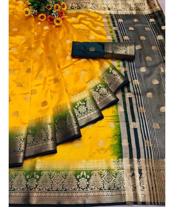 Pehnava Superfine Floral Print Banarsi Silk Saree With Blouse - Yellow, 6.3 mtrs w/blouse