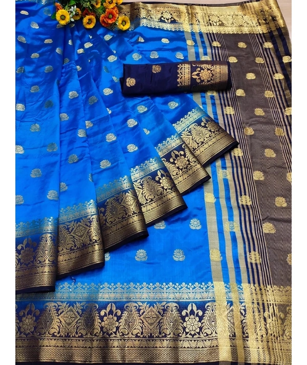 Pehnava Superfine Floral Print Banarsi Silk Saree With Blouse - Blue, 6.3 mtrs w/blouse
