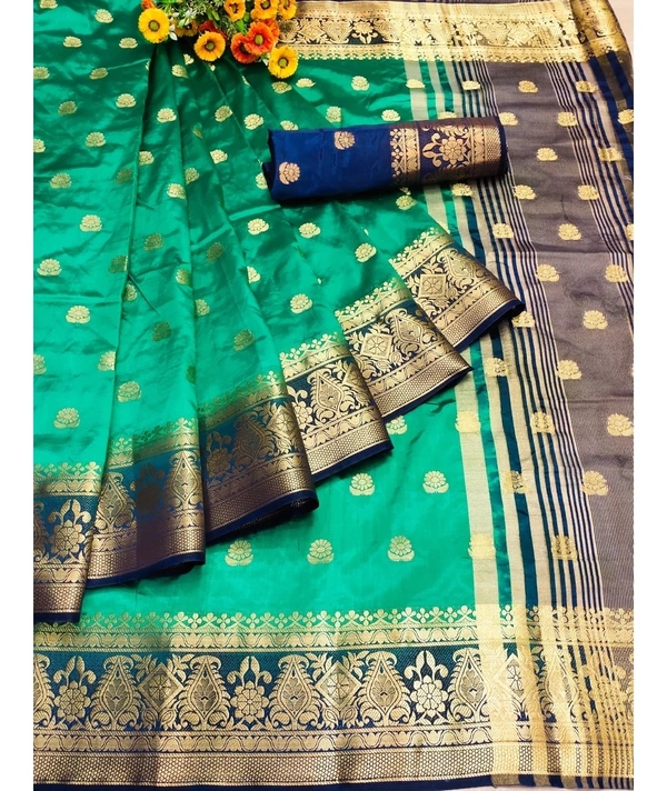 Pehnava Superfine Floral Print Banarsi Silk Saree With Blouse - Bottle Green, 6.3 mtrs w/blouse