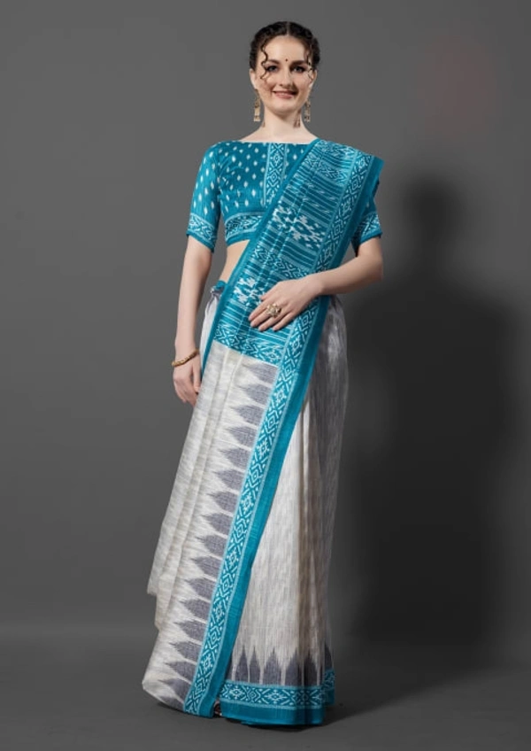 Pehnava Rich Printed Green Art Silk Saree With Blouse - Teal, 6.3 mtrs w/blouse
