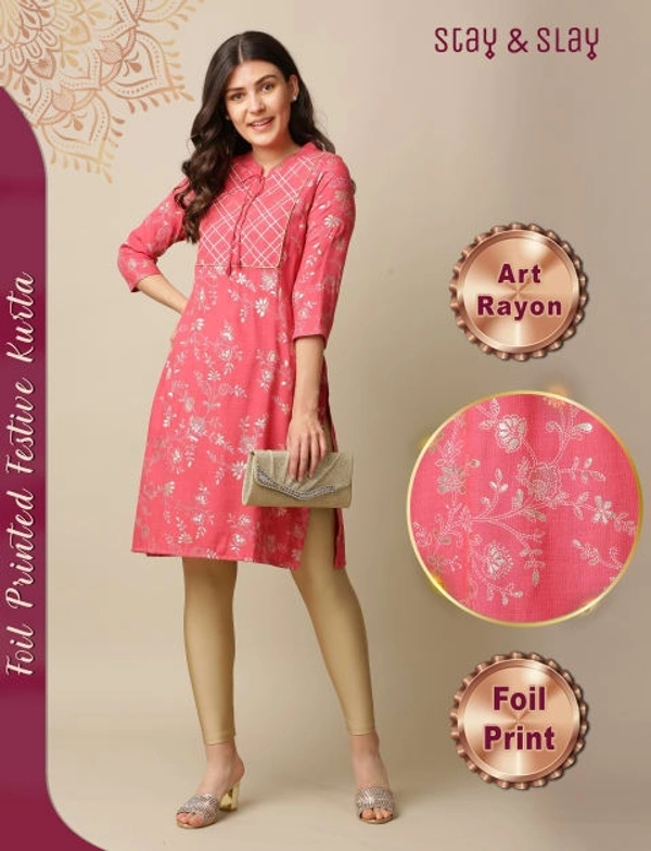 Stay N Slay Womens Foil Printed Straight Kurta - Coral pink, L