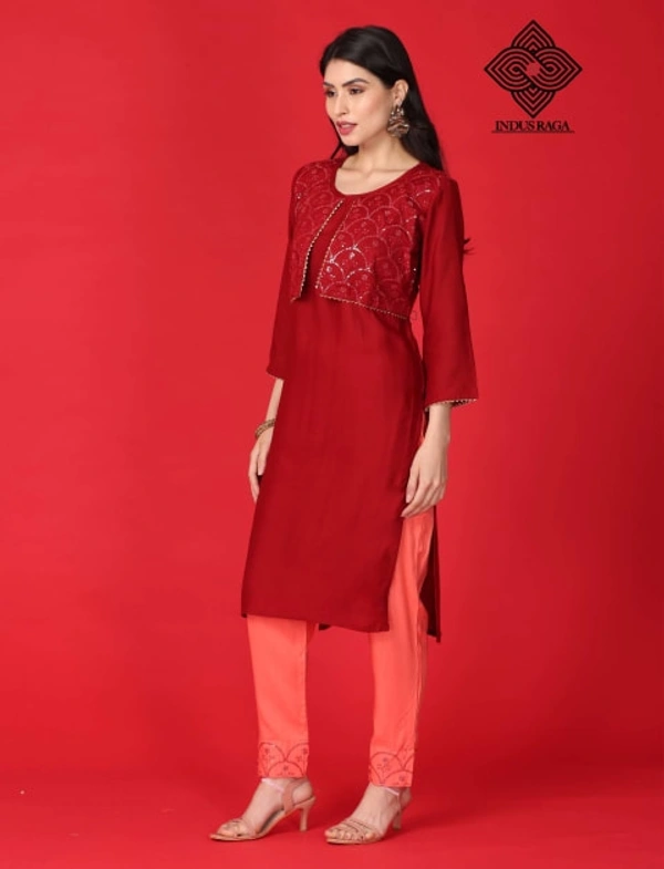 Indus Raga Womens Rayon Embroidered Work Kurta Pant Set - Maroon - L