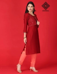 Indus Raga Womens Rayon Embroidered Work Kurta Pant Set - Maroon - L