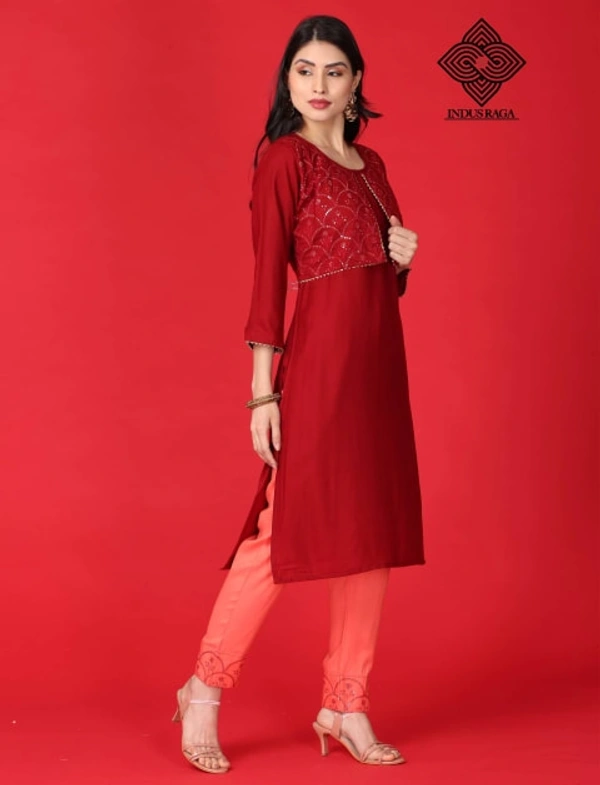 Indus Raga Womens Rayon Embroidered Work Kurta Pant Set - Maroon - L