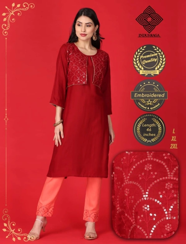 Indus Raga Womens Rayon Embroidered Work Kurta Pant Set - Maroon - L