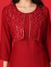 Indus Raga Womens Rayon Embroidered Work Kurta Pant Set - Maroon - L