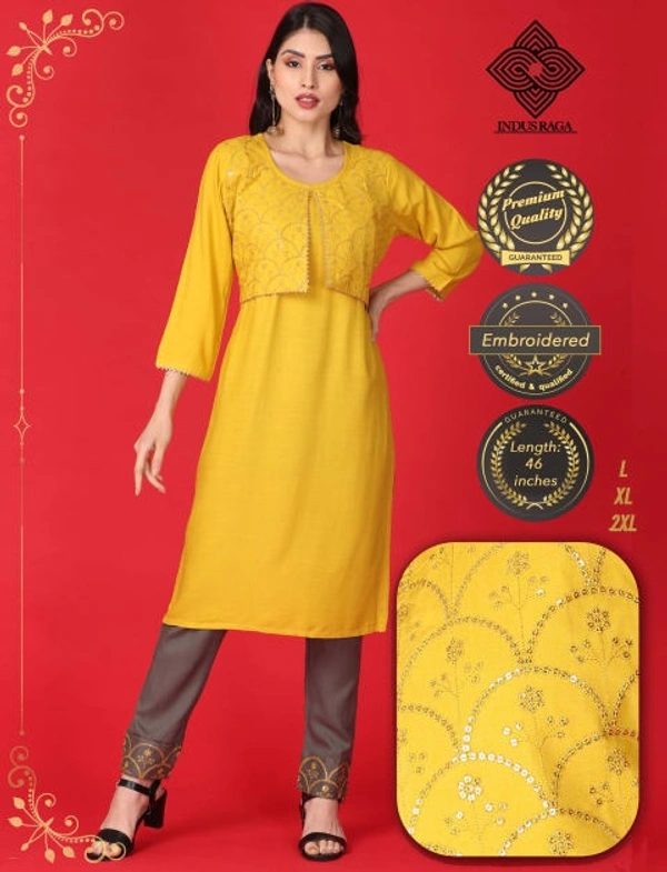 Indus Raga Womens Rayon Embroidered Work Kurta Pant Set - Yellow - L
