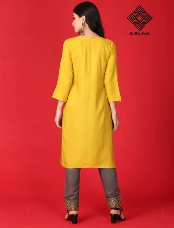 Indus Raga Womens Rayon Embroidered Work Kurta Pant Set - Yellow - L