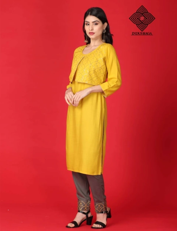 Indus Raga Womens Rayon Embroidered Work Kurta Pant Set - Yellow - L