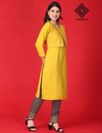 Indus Raga Womens Rayon Embroidered Work Kurta Pant Set - Yellow - L