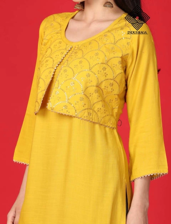 Indus Raga Womens Rayon Embroidered Work Kurta Pant Set - Yellow - L