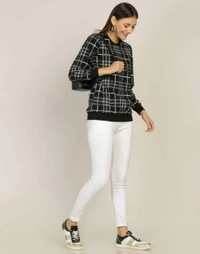 Chic N Dash Stylish Women's Fullsleevs Checkered Sweatshirt - Black - M