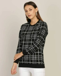 Chic N Dash Stylish Women's Fullsleevs Checkered Sweatshirt - Black - M