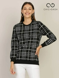 Chic N Dash Stylish Women's Fullsleevs Checkered Sweatshirt - Black - M