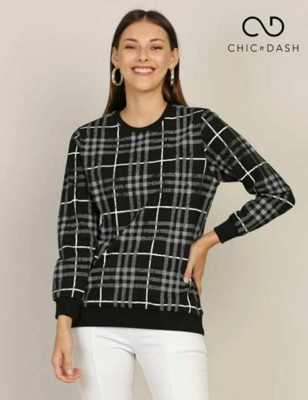 Chic N Dash Stylish Women's Fullsleevs Checkered Sweatshirt - Black - M