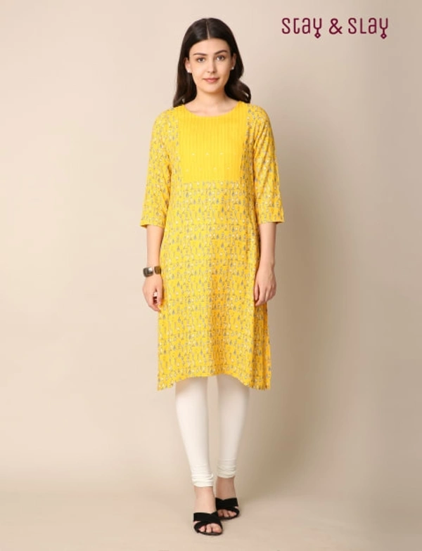 Stay N Slay Womens Printed Rayon Straight Kurta - Yellow - L