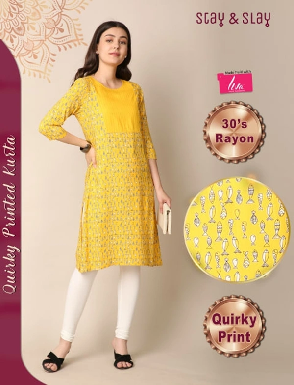 Stay N Slay Womens Printed Rayon Straight Kurta - Yellow - L