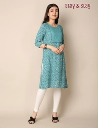 Stay N Slay Womens Printed Rayon Straight Kurta - Teal, M