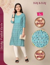 Stay N Slay Womens Printed Rayon Straight Kurta - Teal, M