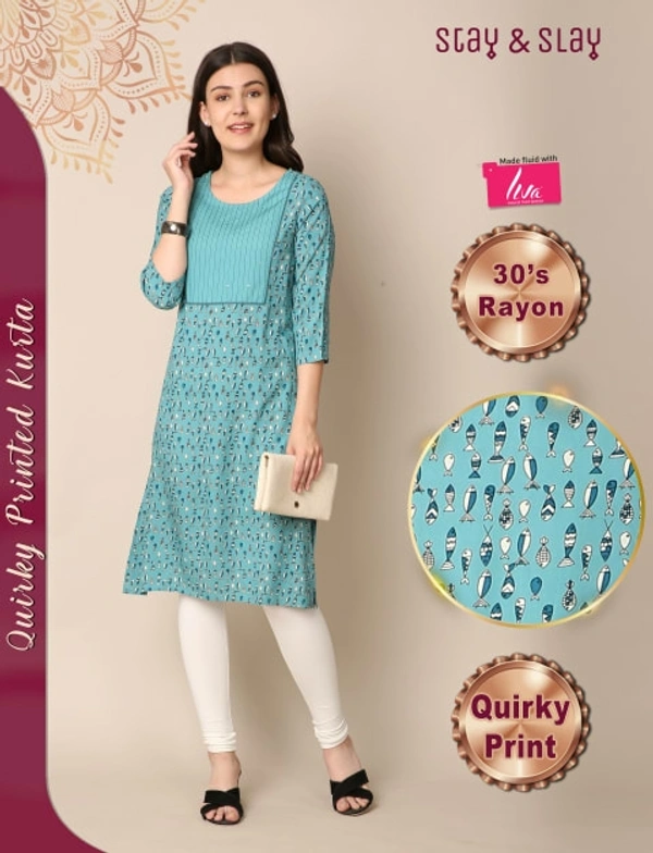 Stay N Slay Womens Printed Rayon Straight Kurta - Teal, M