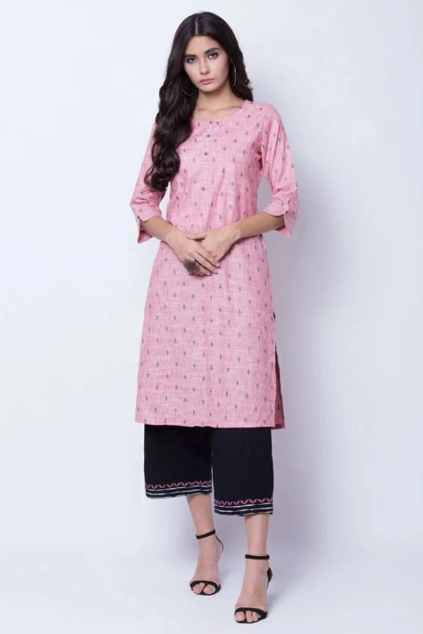 Rangriti Peach Polyester Knee Length Straight Kurti with Round Neck for Women - 32, Peach