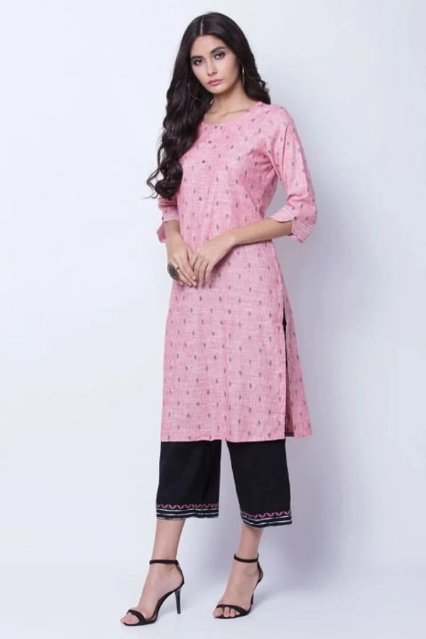 Rangriti Peach Polyester Knee Length Straight Kurti with Round Neck for Women - 32, Peach