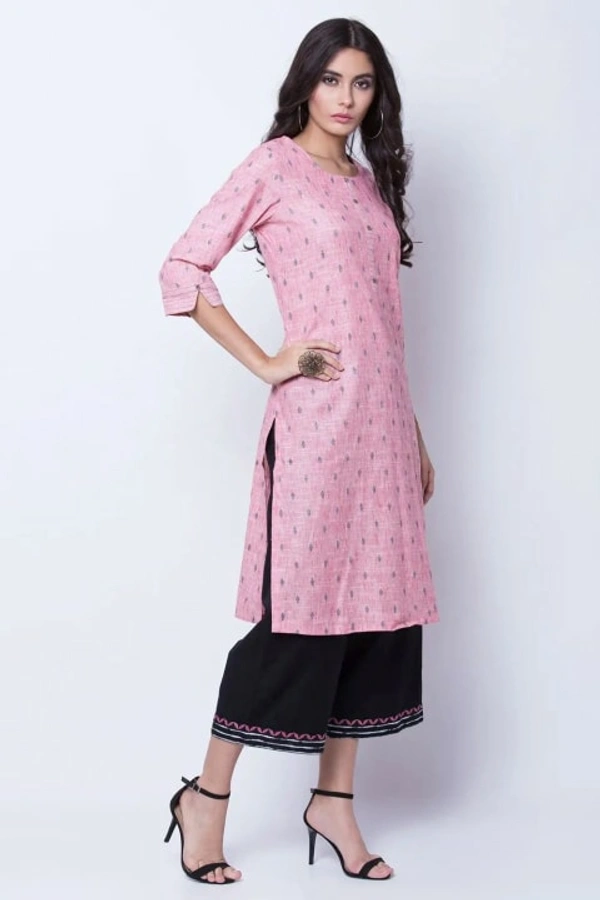 Rangriti Peach Polyester Knee Length Straight Kurti with Round Neck for Women - 32, Peach