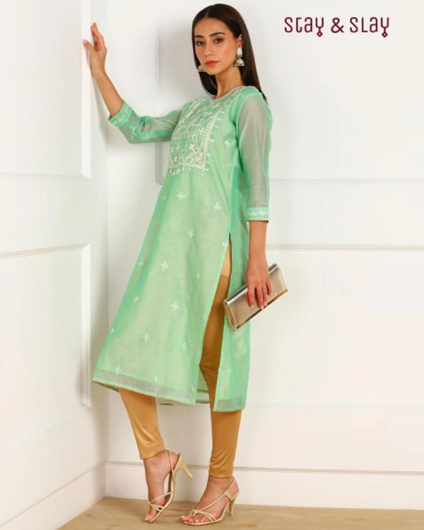 Stay N Slay Chanderi Embroidery Work Straight kurti with lining - Sea Green, L