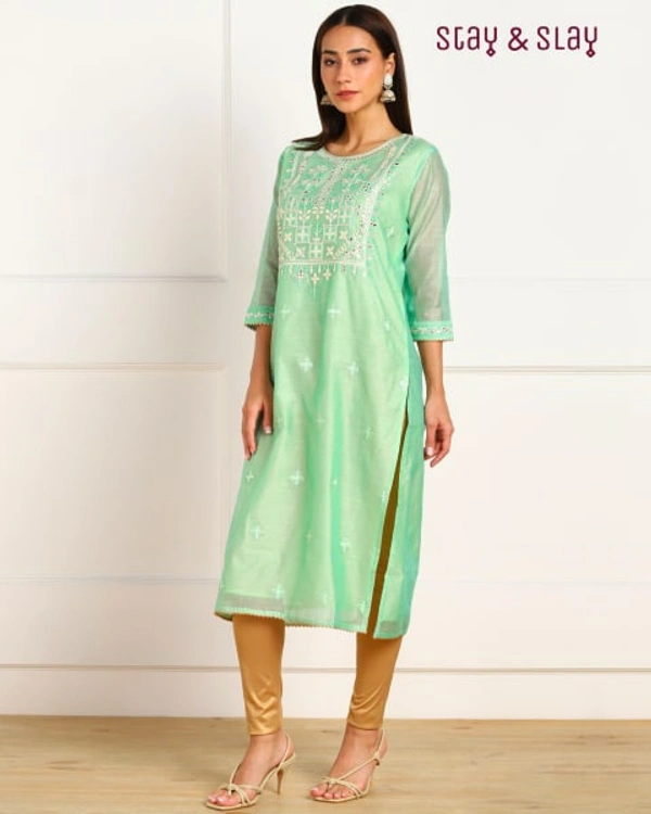 Stay N Slay Chanderi Embroidery Work Straight kurti with lining - Sea Green, L