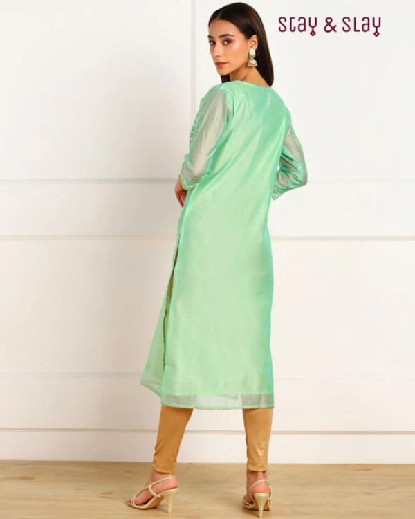 Stay N Slay Chanderi Embroidery Work Straight kurti with lining - Sea Green, L