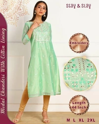 Stay N Slay Chanderi Embroidery Work Straight kurti with lining - Sea Green, L
