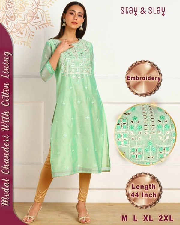 Stay N Slay Chanderi Embroidery Work Straight kurti with lining - Sea Green, L