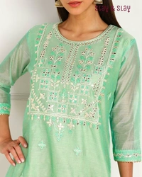 Stay N Slay Chanderi Embroidery Work Straight kurti with lining - Sea Green, L