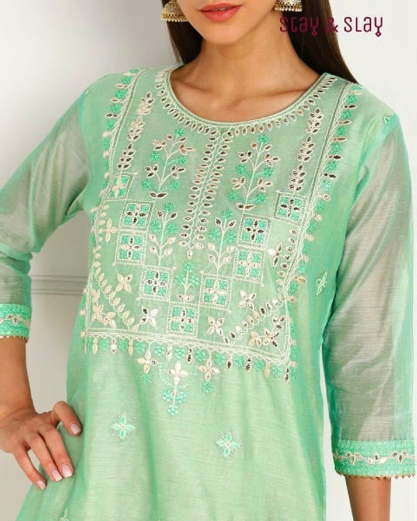 Stay N Slay Chanderi Embroidery Work Straight kurti with lining - Sea Green, L