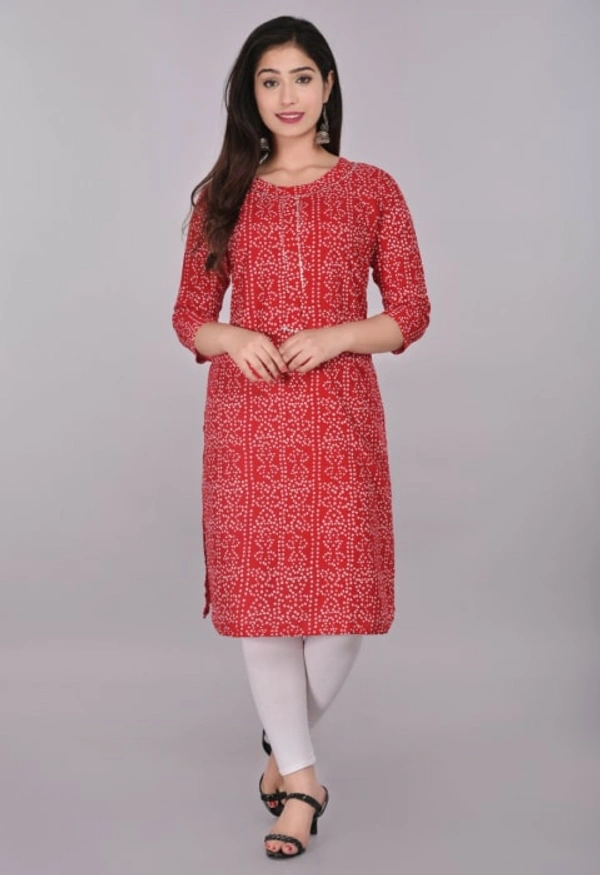 Glorious Rayon Bandhej Print Knee Length Straight Kurti for Women - Red, M