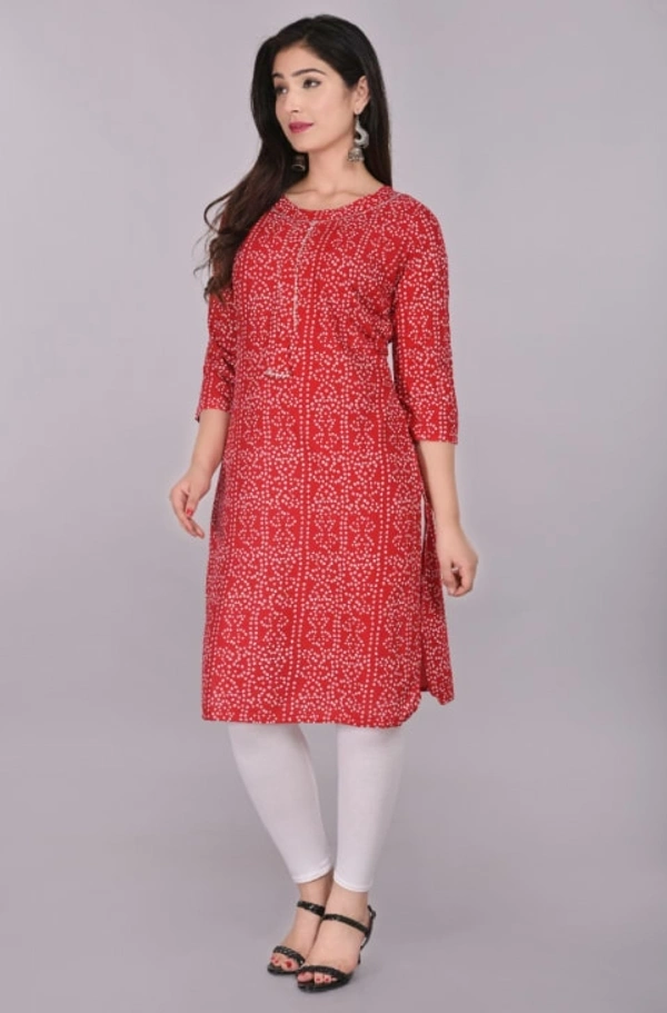 Glorious Rayon Bandhej Print Knee Length Straight Kurti for Women - Red, M