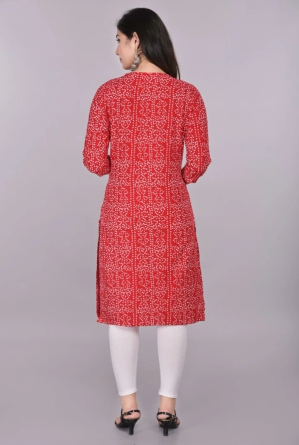Glorious Rayon Bandhej Print Knee Length Straight Kurti for Women - Red, M