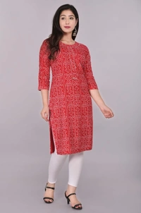Glorious Rayon Bandhej Print Knee Length Straight Kurti for Women - Red, M