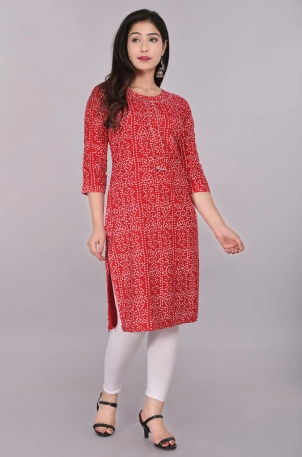 Glorious Rayon Bandhej Print Knee Length Straight Kurti for Women - Red, M