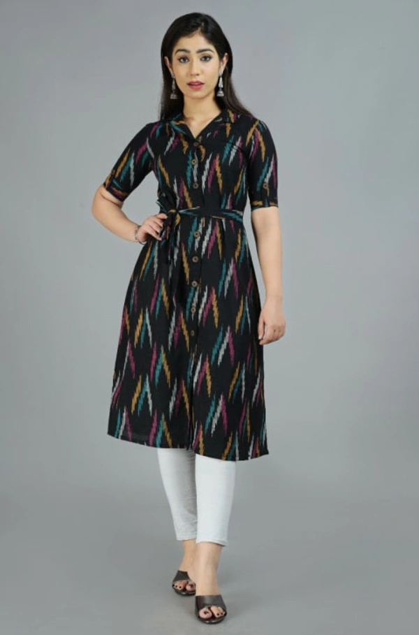 Glorious Cotton Blend Ikat Print Knee Length A-Line Kurti for Women - Black, M