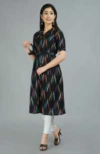 Glorious Cotton Blend Ikat Print Knee Length A-Line Kurti for Women - Black, M